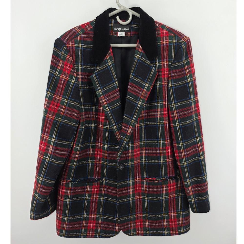 Vintage Sag Harbor Tartan Plaid Blazer Velvet Collar Red Green Size 16 Holiday